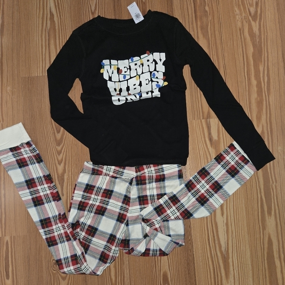 Old Navy Black Merry Vibes Top with Plaid Pajama Pants